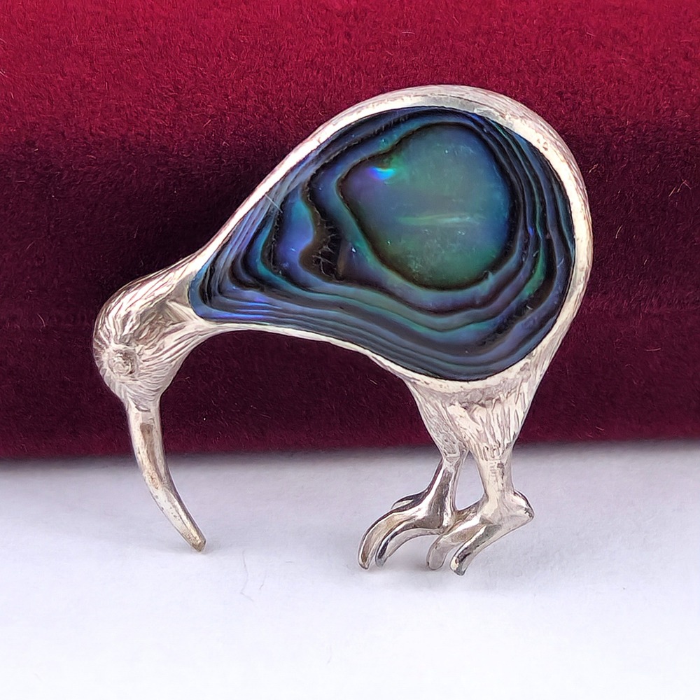 Vintage Kiwi Bird Brooch Abalone Paua Shell Silver Tone New Zealand Figural Pin